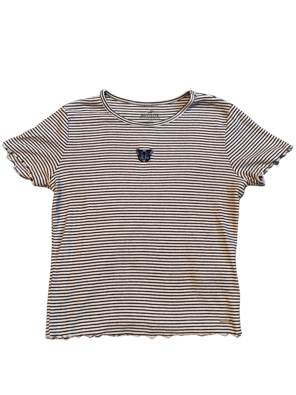 HOLLISTER | Striped Ribbed Crop Tee | Size M Embroidered Butterfly Y2K Girlhood